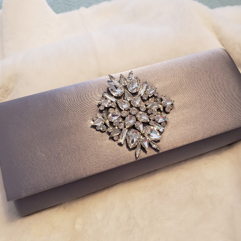 Cubic zirconia embellished gray satin clutch